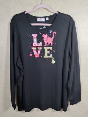 H140 Quacker Factory Black LOVE Cat Tee XL NWT